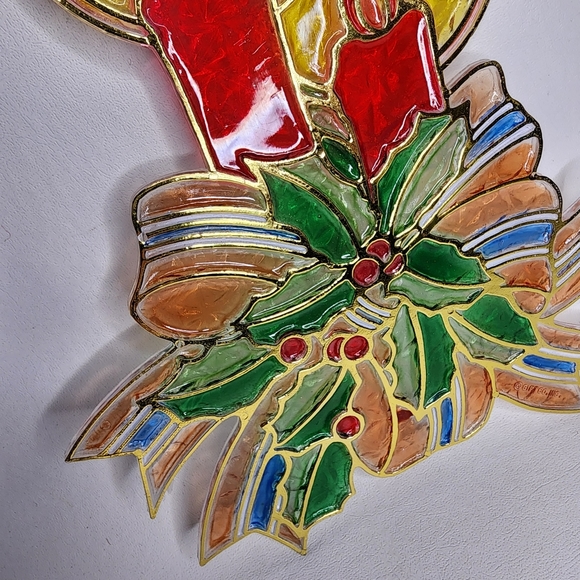 Vintage Suncatcher Christmas Candles and Holly Plastic Stained Glass Ornament - Picture 10 of 13
